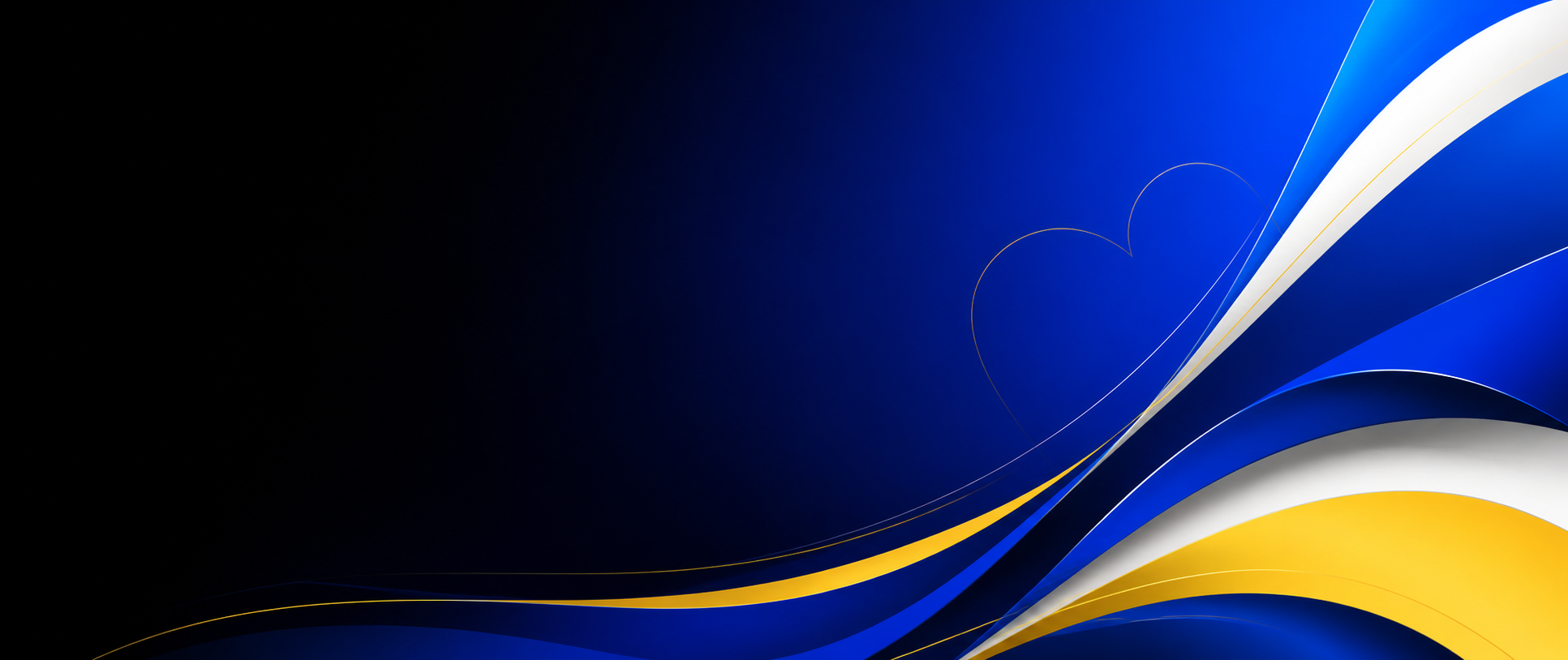 Abstract royal-blue, black, white, and yellow flowing ribbons